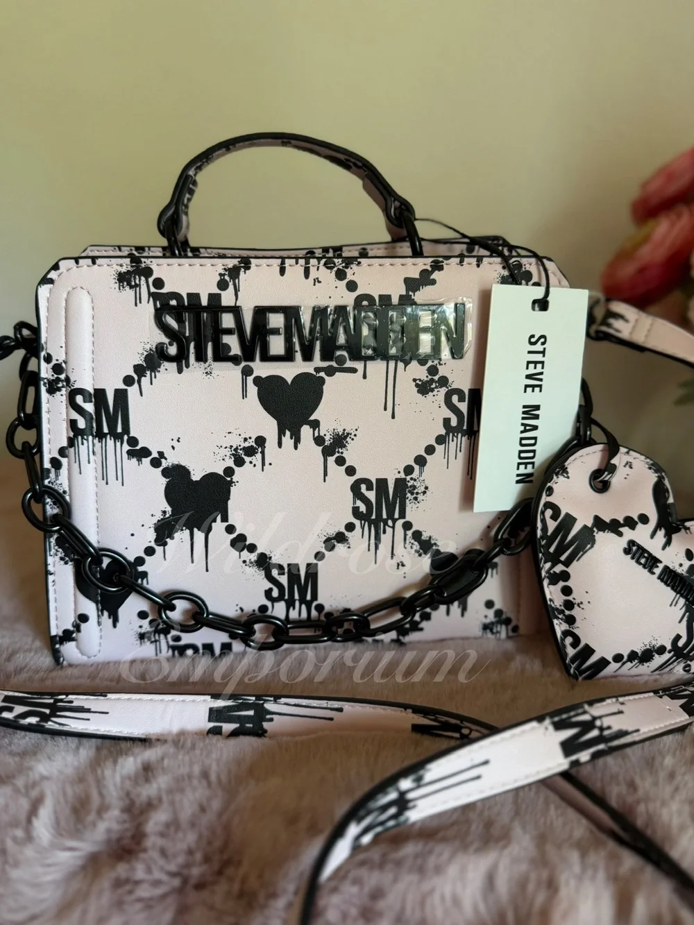 NWT - Rare Steve Madden Bevelyn Blood Drip Heart Print Satchel pink black goth
